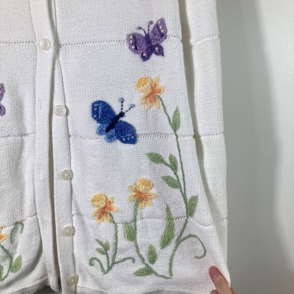 Womens Vintage Sears Classic Elements White Cardigan Embroidered Butterflies L - Picture 4 of 9